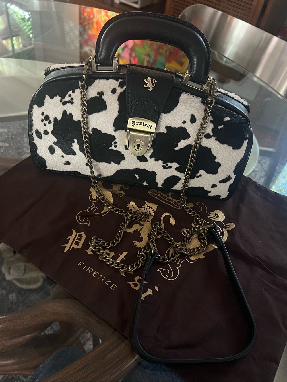 Black & White Cowhide Top-Handle Crossbody Bag, Pratesi Doctor Bag